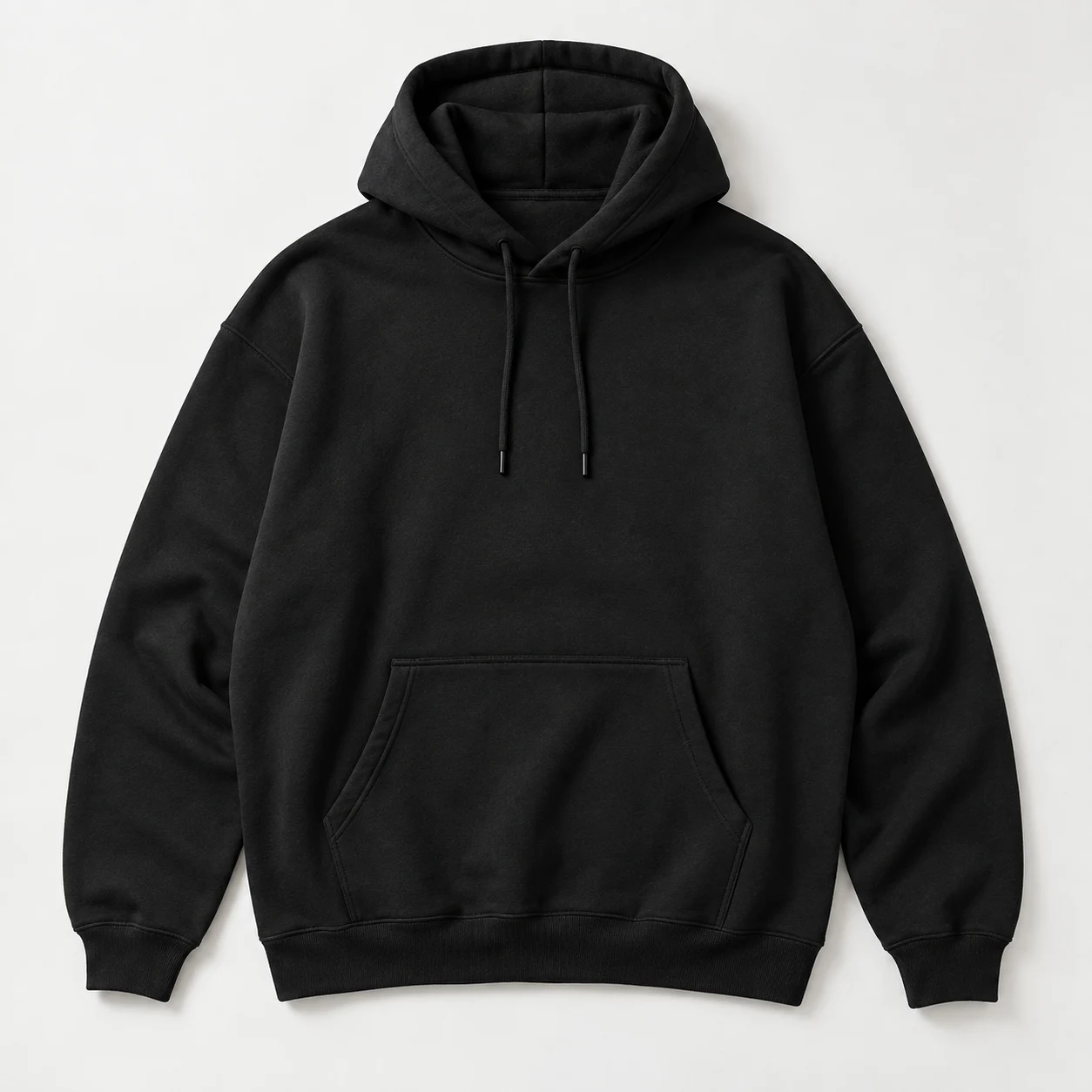 AI demo: Essential 320 GSM Heavyweight Brushed Fleece Pullover Hoodie in Black, front view